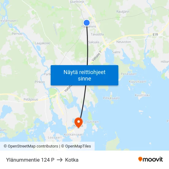 Ylänummentie 124 P to Kotka map