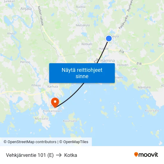 Vehkjärventie 101 (E) to Kotka map