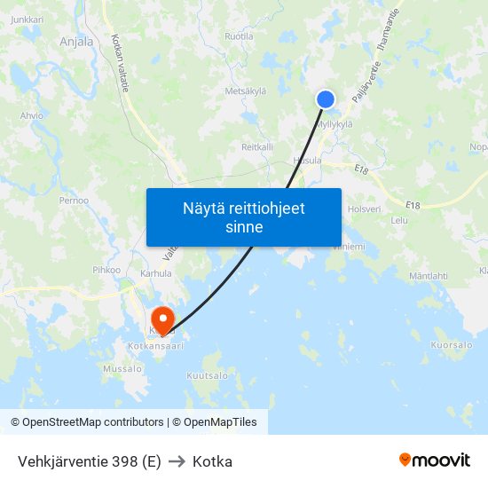Vehkjärventie 398 (E) to Kotka map