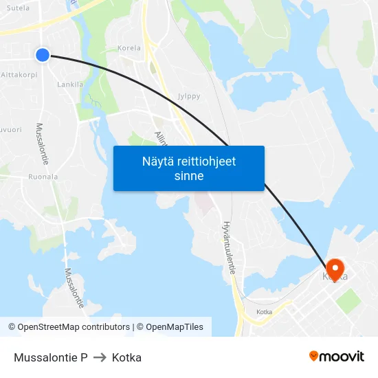 Mussalontie P to Kotka map