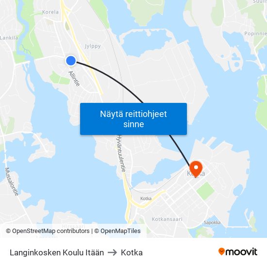 Langinkosken Koulu Itään to Kotka map