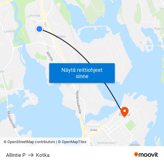 Allintie P to Kotka map