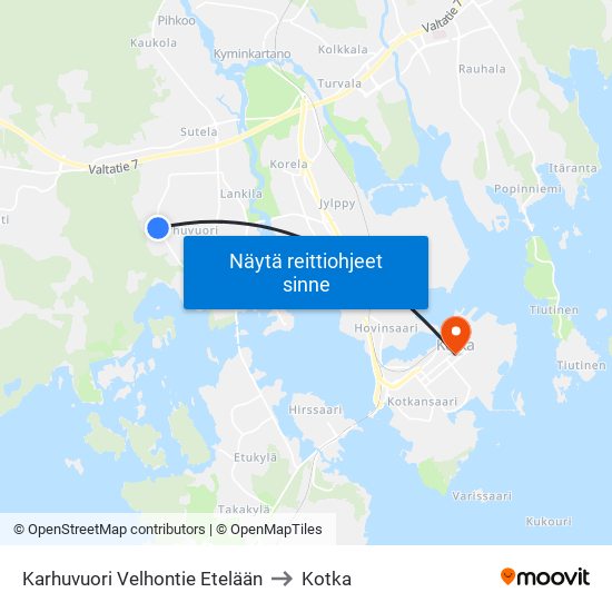 Karhuvuori Velhontie Etelään to Kotka map