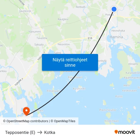Tepposentie (E) to Kotka map