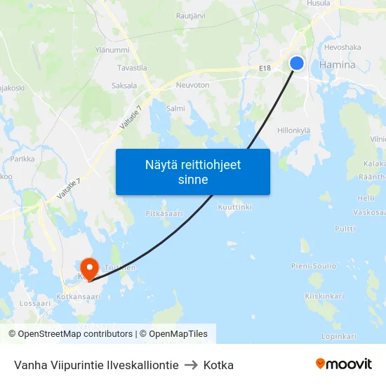 Vanha Viipurintie Ilveskalliontie to Kotka map