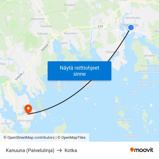 Kanuuna (Palvelulinja) to Kotka map