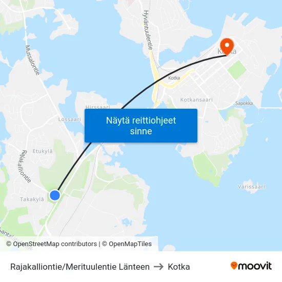 Rajakalliontie/Merituulentie Länteen to Kotka map