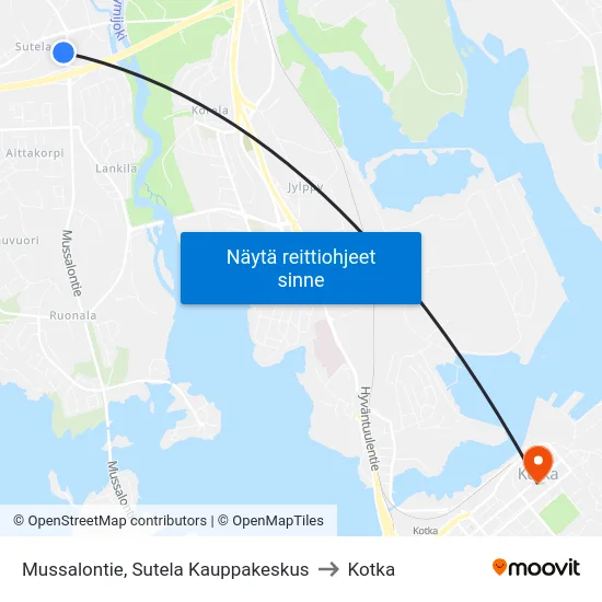 Mussalontie, Sutela Kauppakeskus to Kotka map