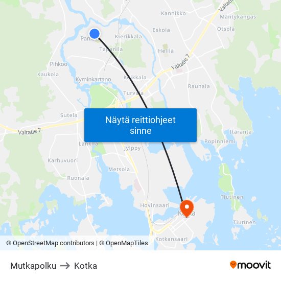 Mutkapolku to Kotka map