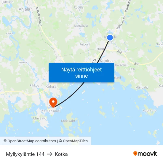 Myllykyläntie 144 to Kotka map