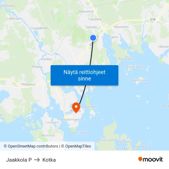 Jaakkola P to Kotka map