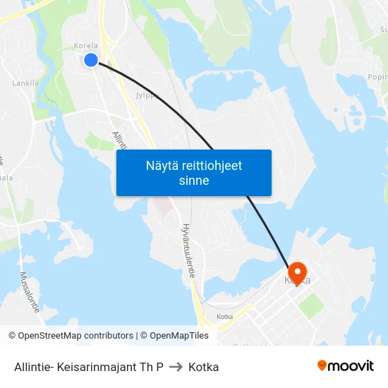 Allintie- Keisarinmajant Th P to Kotka map