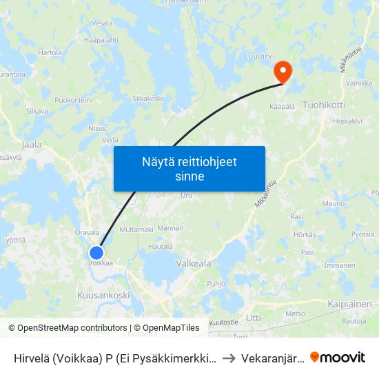 Hirvelä (Voikkaa) P (Ei Pysäkkimerkkiä) to Vekaranjärvi map