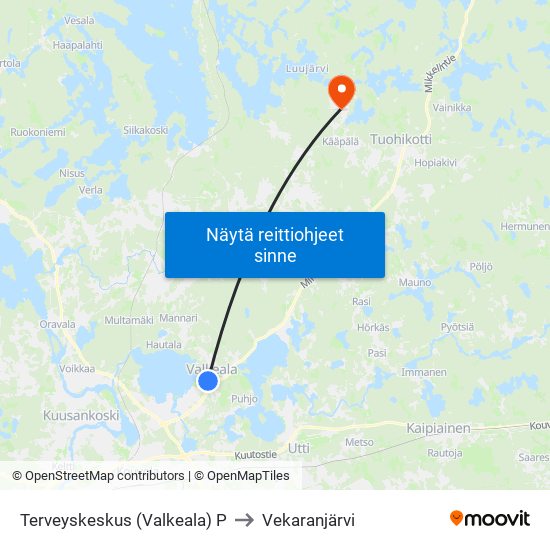 Terveyskeskus (Valkeala) P to Vekaranjärvi map