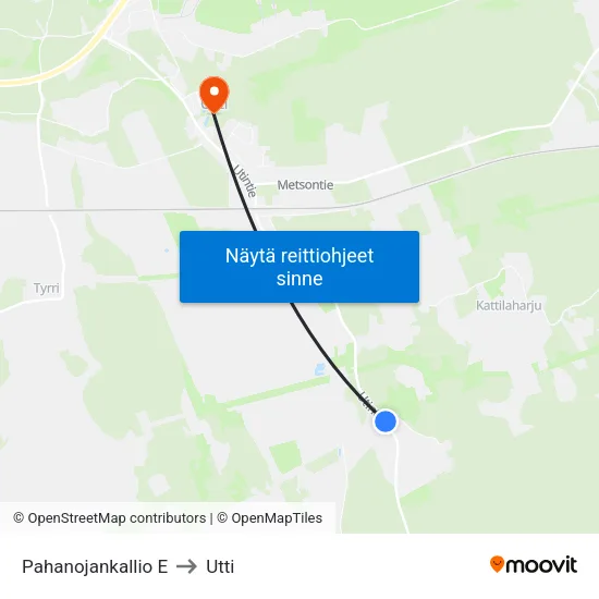 Pahanojankallio E to Utti map
