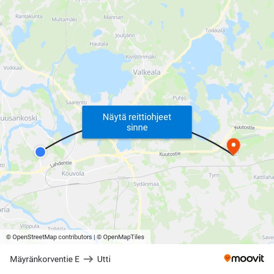 Mäyränkorventie E to Utti map