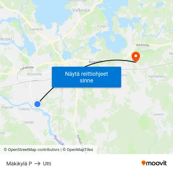 Mäkikylä P to Utti map