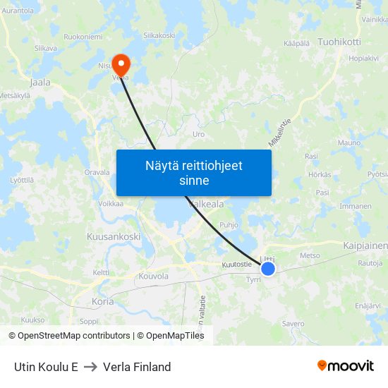 Utin Koulu E to Verla Finland map