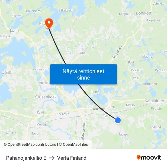 Pahanojankallio E to Verla Finland map
