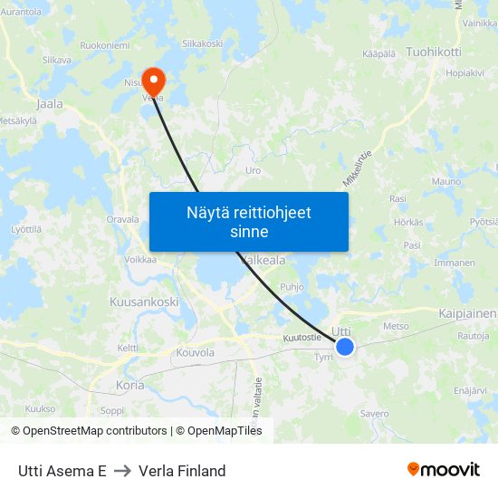 Utti Asema E to Verla Finland map