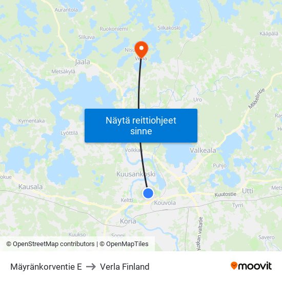 Mäyränkorventie E to Verla Finland map