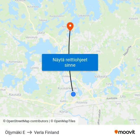 Öljymäki E to Verla Finland map