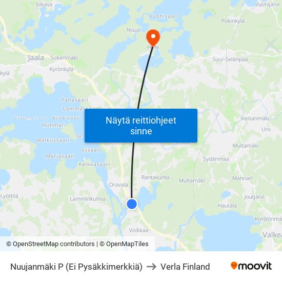 Nuujanmäki P (Ei Pysäkkimerkkiä) to Verla Finland map