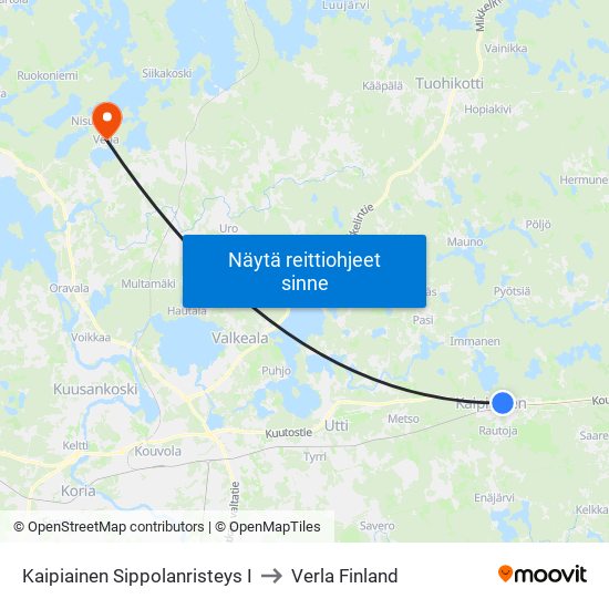 Kaipiainen Sippolanristeys I to Verla Finland map