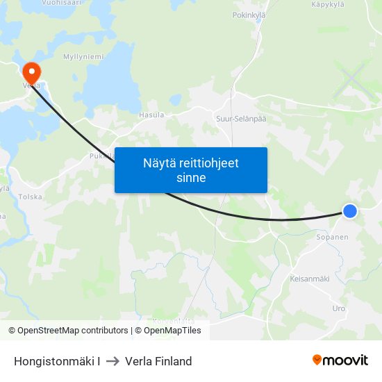 Hongistonmäki I to Verla Finland map