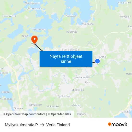 Myllynkulmantie P to Verla Finland map