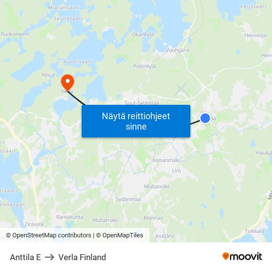 Anttila E to Verla Finland map