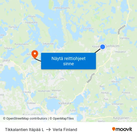 Tikkalantien Itäpää L to Verla Finland map