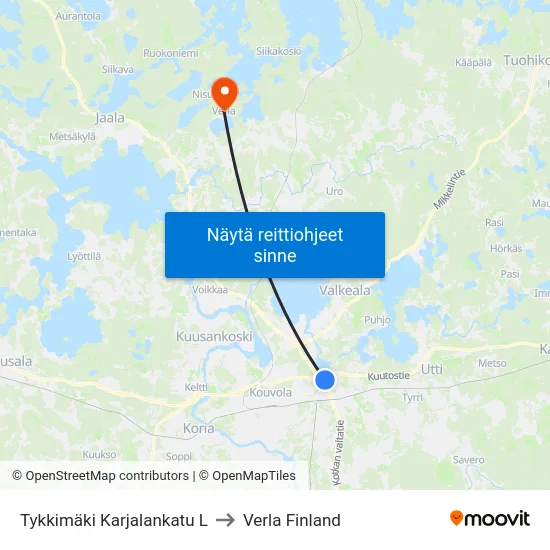 Tykkimäki Karjalankatu L to Verla Finland map