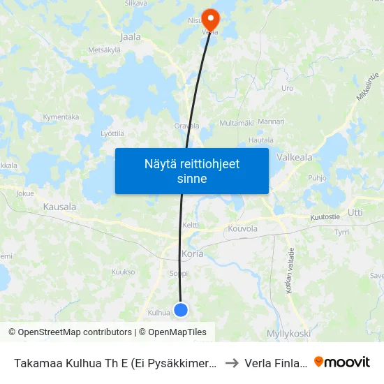 Takamaa Kulhua Th E (Ei Pysäkkimerkkiä) to Verla Finland map