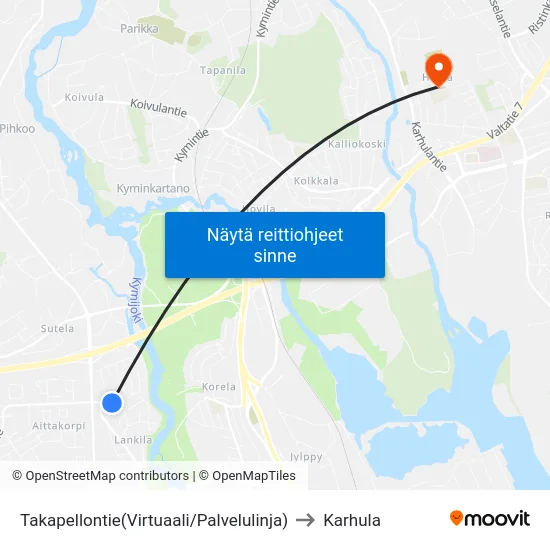 Takapellontie(Virtuaali/Palvelulinja) to Karhula map