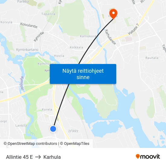 Allintie 45 E to Karhula map