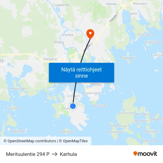 Merituulentie 294 P to Karhula map