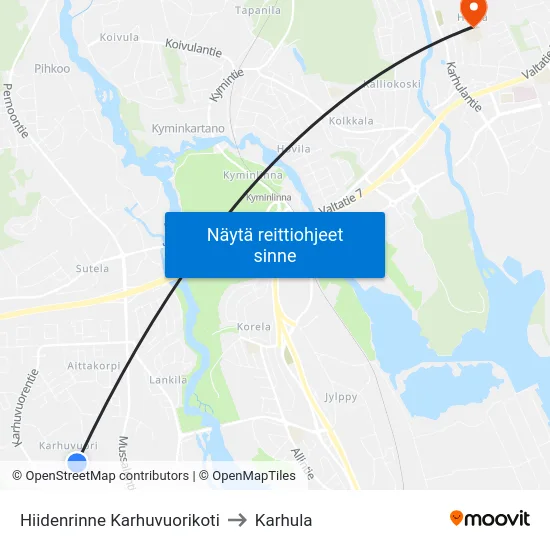 Hiidenrinne  Karhuvuorikoti to Karhula map