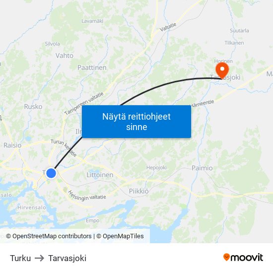 Turku to Tarvasjoki map