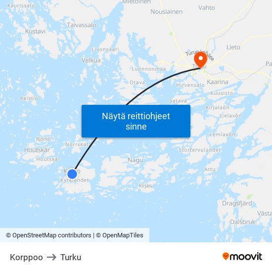 Korppoo to Turku map