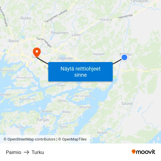 Paimio to Turku map