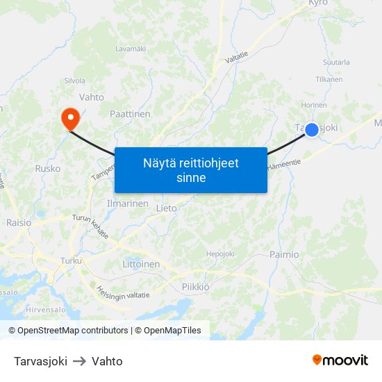 Tarvasjoki to Vahto map