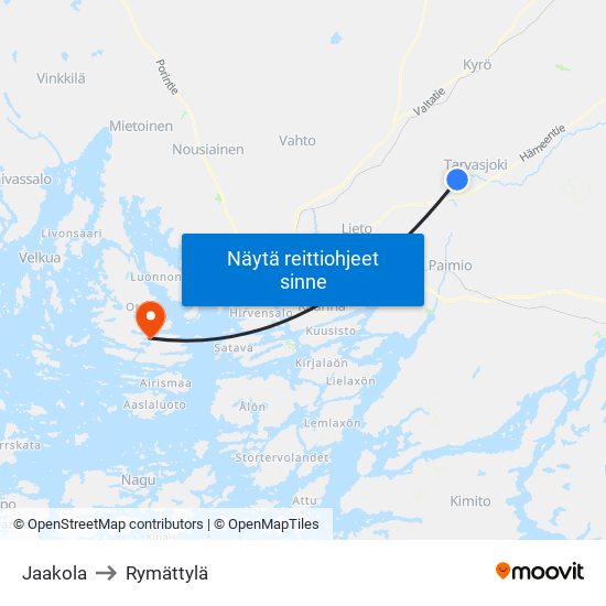 Jaakola to Rymättylä map