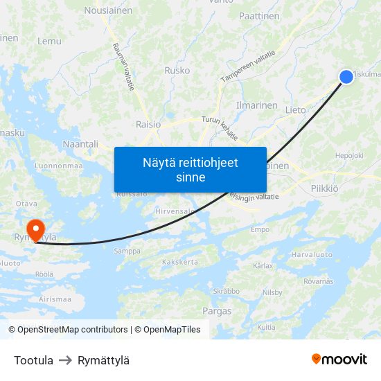 Tootula to Rymättylä map