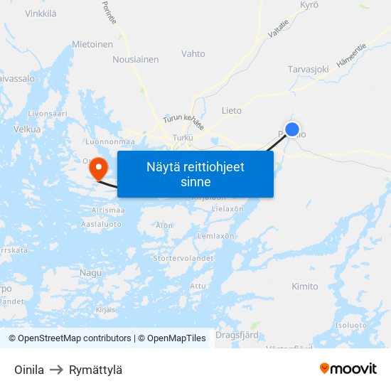 Oinila to Rymättylä map