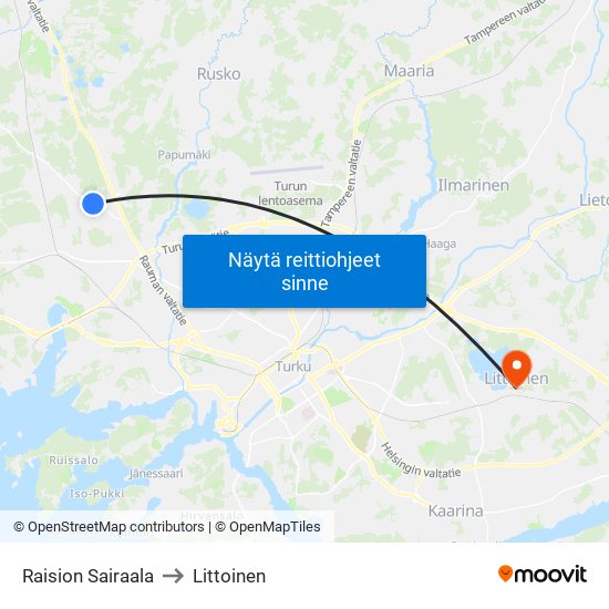 Raision Sairaala to Littoinen map