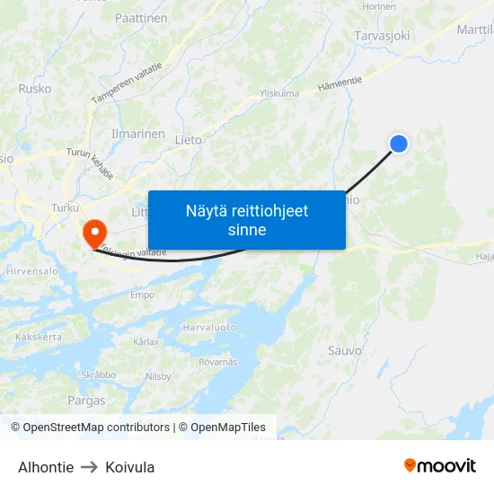 Alhontie to Koivula map