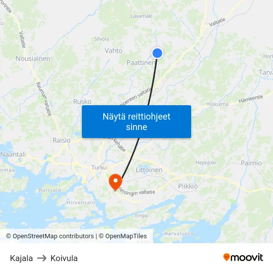 Kajala to Koivula map