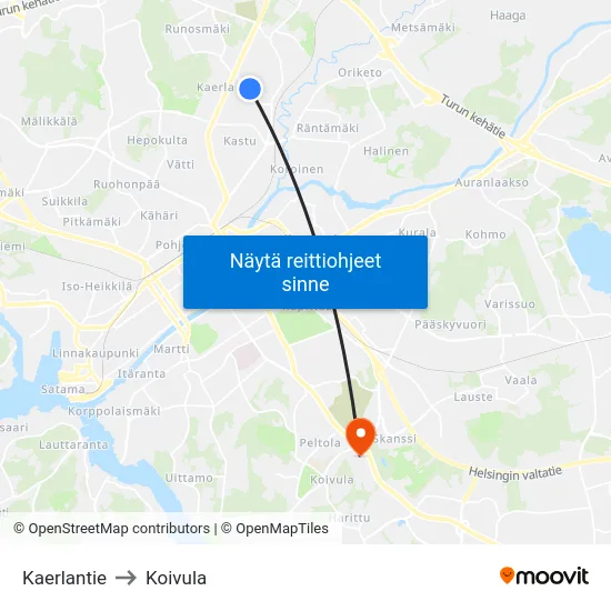 Kaerlantie to Koivula map