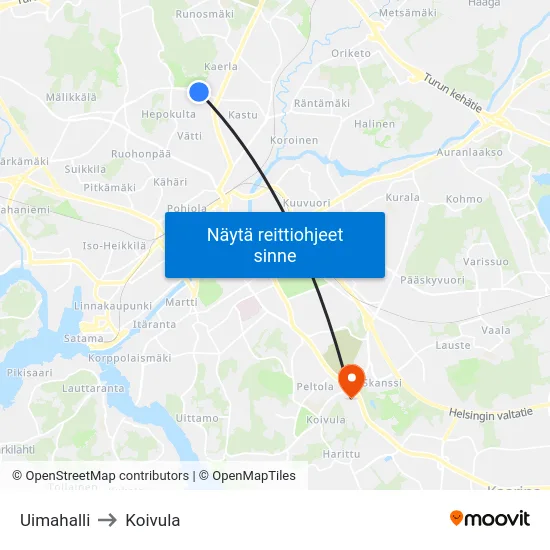 Uimahalli to Koivula map